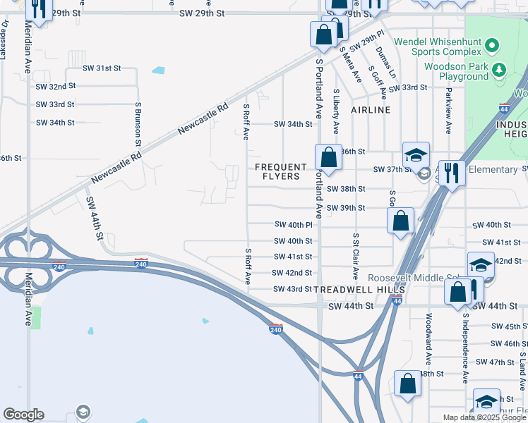 map of restaurants, bars, coffee shops, grocery stores, and more near 3836 Southwest 39th Street in Oklahoma City