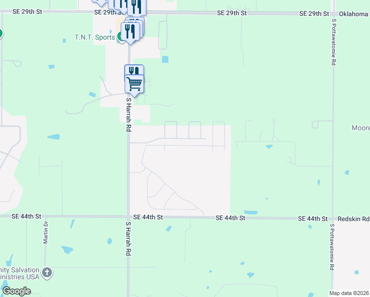 map of restaurants, bars, coffee shops, grocery stores, and more near Southeast 38th Street in Harrah