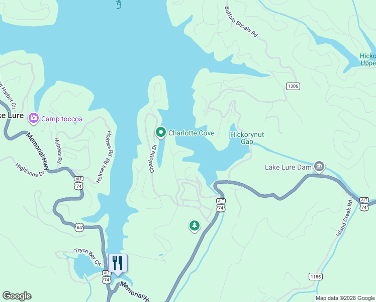 map of restaurants, bars, coffee shops, grocery stores, and more near 124 Rock Point Road in Lake Lure