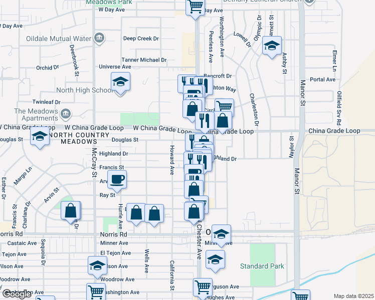 map of restaurants, bars, coffee shops, grocery stores, and more near 118 Highland Drive in Bakersfield