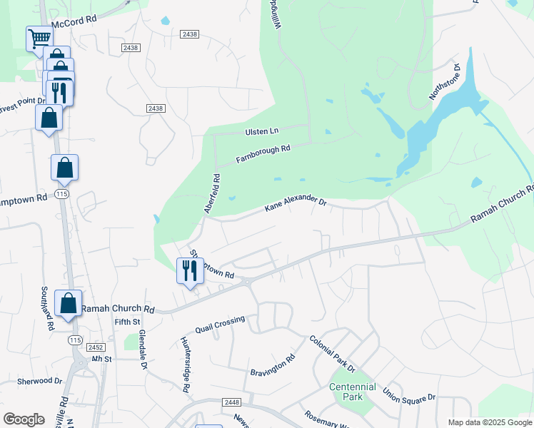 map of restaurants, bars, coffee shops, grocery stores, and more near 12306 Kane Alexander Drive in Huntersville
