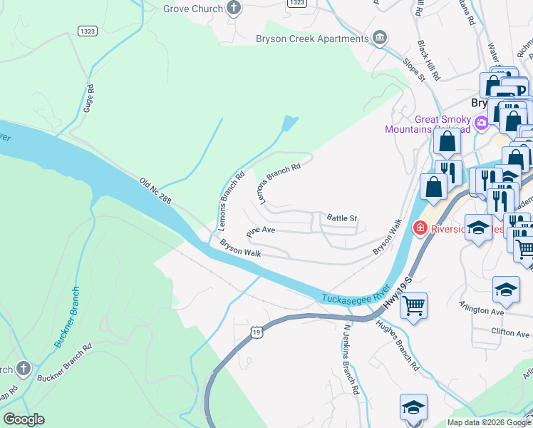 map of restaurants, bars, coffee shops, grocery stores, and more near 150 W Skyview Dr in Bryson City