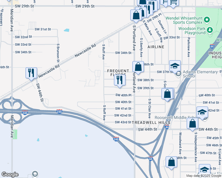 map of restaurants, bars, coffee shops, grocery stores, and more near 3836 Southwest 39th Street in Oklahoma City
