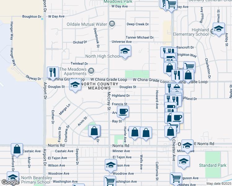 map of restaurants, bars, coffee shops, grocery stores, and more near 438 Highland Drive in Bakersfield