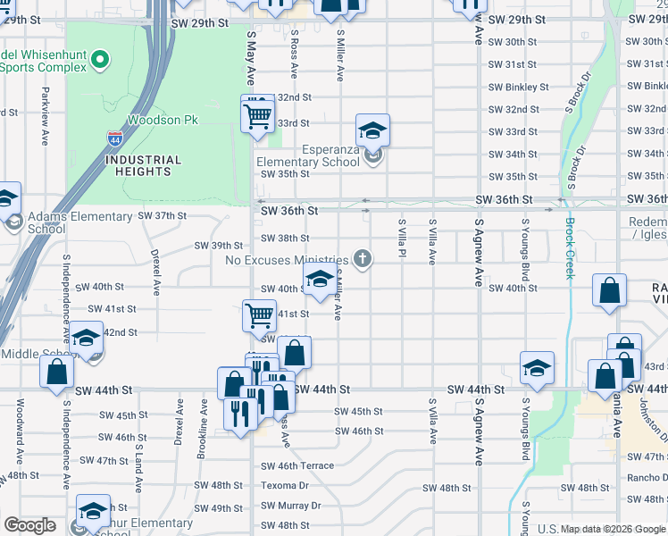 map of restaurants, bars, coffee shops, grocery stores, and more near 2700 Southwest 39th Street in Oklahoma City