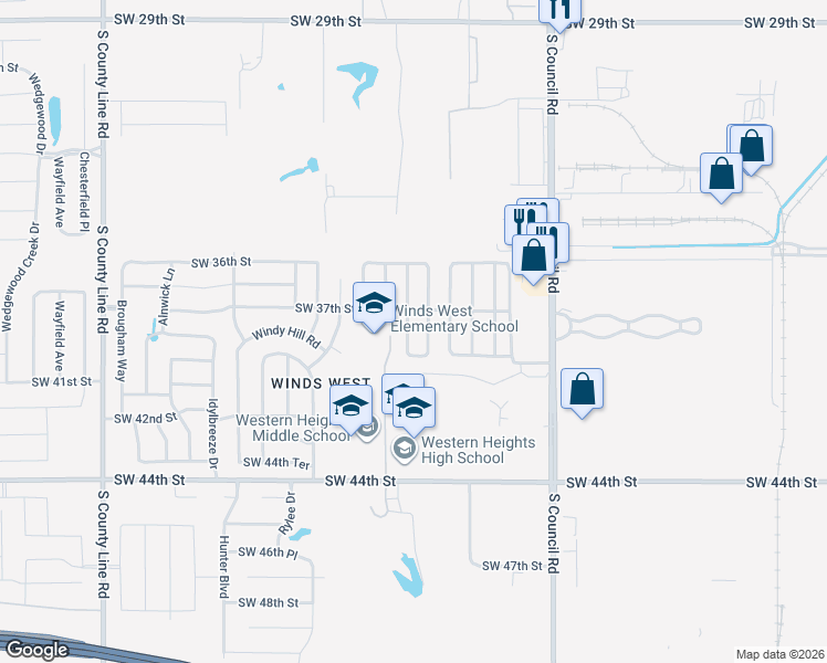 map of restaurants, bars, coffee shops, grocery stores, and more near 3821 Southwind Avenue in Oklahoma City