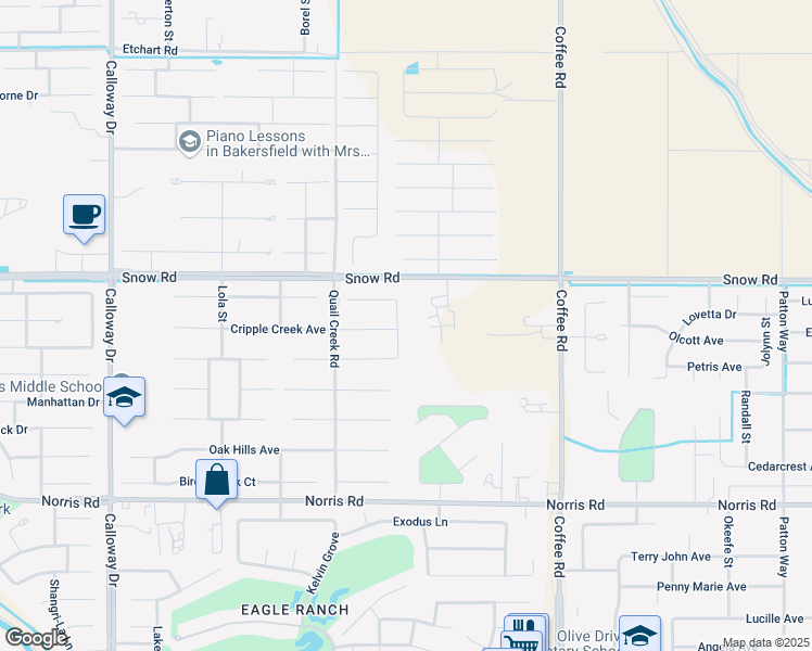 map of restaurants, bars, coffee shops, grocery stores, and more near 7202 BlueTail Lane in Bakersfield