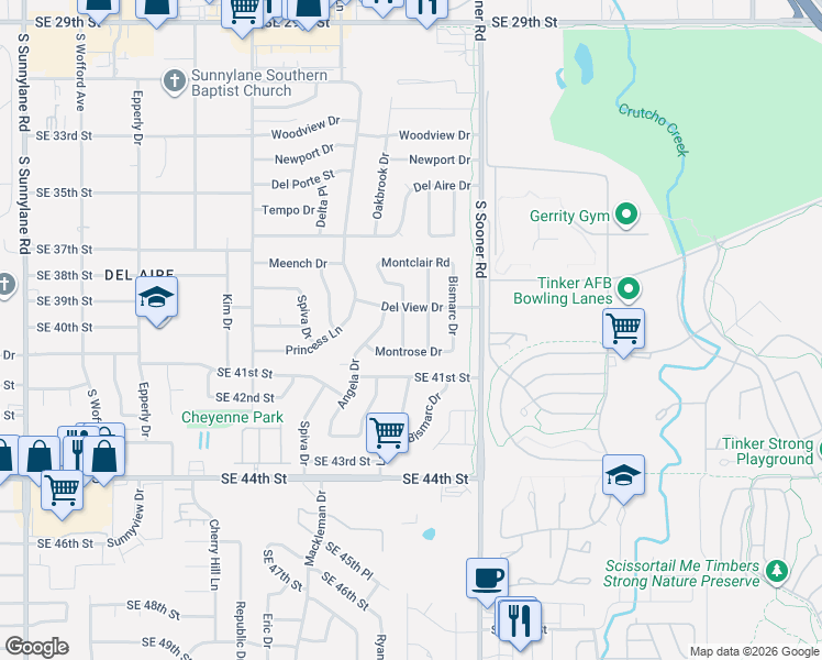 map of restaurants, bars, coffee shops, grocery stores, and more near 4012 Oakbrook Drive in Del City