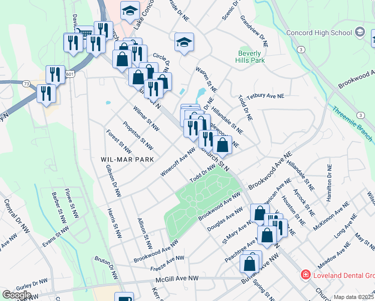 map of restaurants, bars, coffee shops, grocery stores, and more near 584 Wilmar Street Northwest in Concord