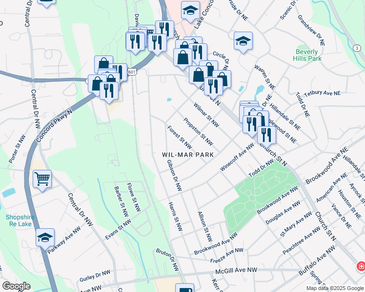 map of restaurants, bars, coffee shops, grocery stores, and more near 685 Forest Street Northwest in Concord
