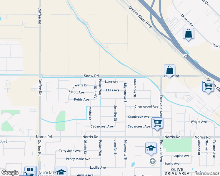 map of restaurants, bars, coffee shops, grocery stores, and more near 7116 Elias Avenue in Bakersfield