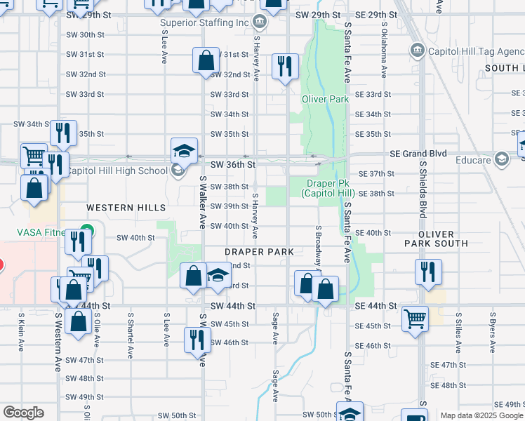 map of restaurants, bars, coffee shops, grocery stores, and more near 4000 S Harvey Ave in Oklahoma City
