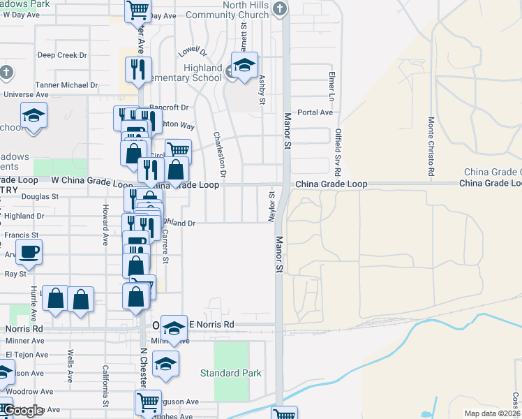 map of restaurants, bars, coffee shops, grocery stores, and more near 2113 Harrison Drive in Bakersfield