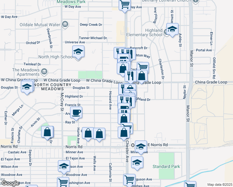 map of restaurants, bars, coffee shops, grocery stores, and more near 118 Highland Drive in Bakersfield