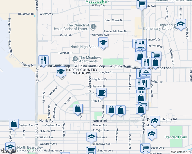 map of restaurants, bars, coffee shops, grocery stores, and more near 438 Highland Drive in Bakersfield