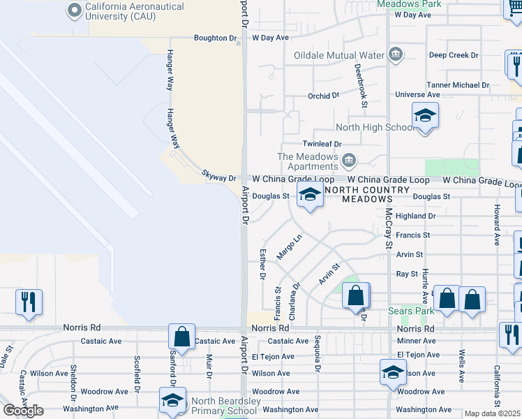 map of restaurants, bars, coffee shops, grocery stores, and more near 2113 Wingland Drive in Bakersfield