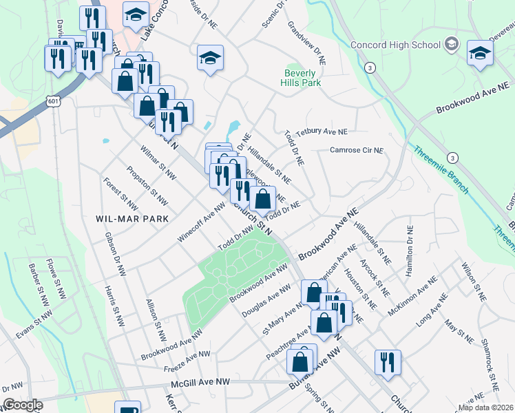 map of restaurants, bars, coffee shops, grocery stores, and more near 536 Hyde Park Drive Northeast in Concord