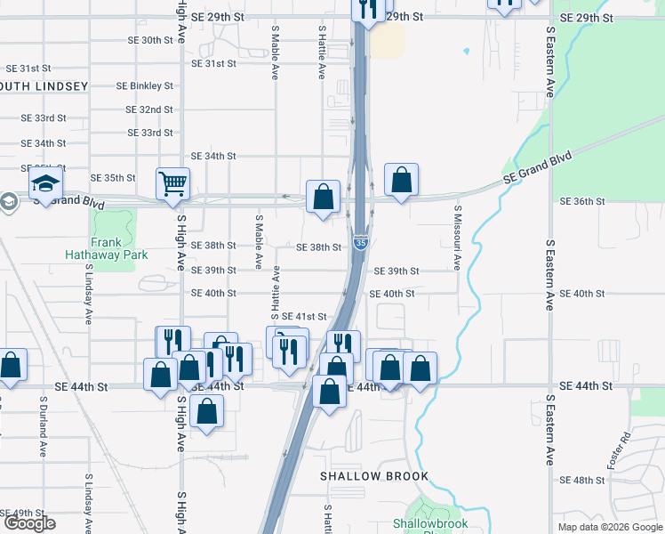 map of restaurants, bars, coffee shops, grocery stores, and more near 1401 Southeast 39th Street in Oklahoma City