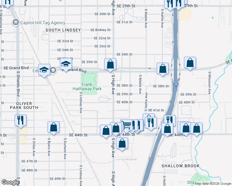 map of restaurants, bars, coffee shops, grocery stores, and more near 1011 Southeast 39th Street in Oklahoma City