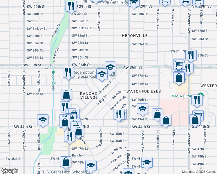 map of restaurants, bars, coffee shops, grocery stores, and more near 1428 Johnston Drive in Oklahoma City