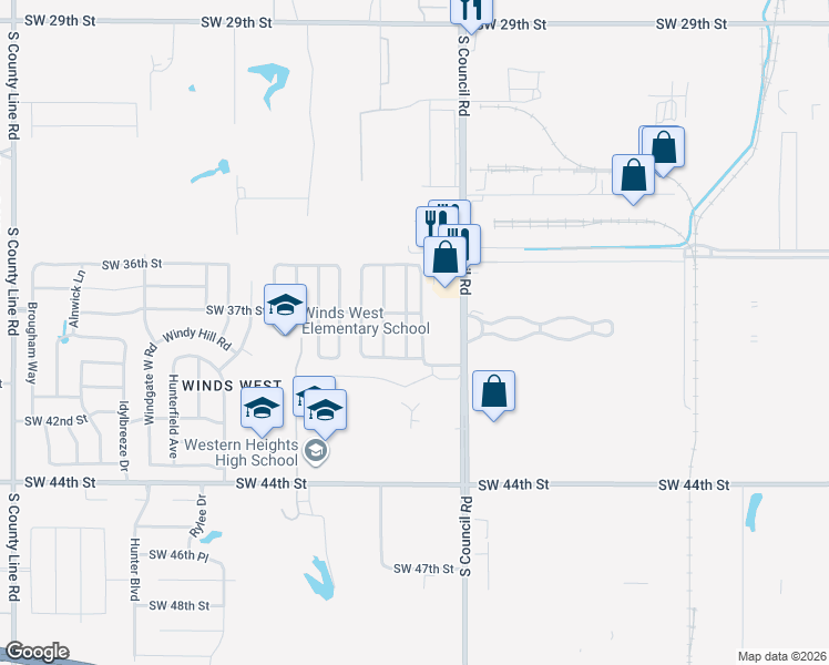 map of restaurants, bars, coffee shops, grocery stores, and more near 3812 Windswest Court in Oklahoma City