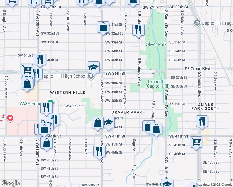 map of restaurants, bars, coffee shops, grocery stores, and more near 320 Southwest 39th Street in Oklahoma City