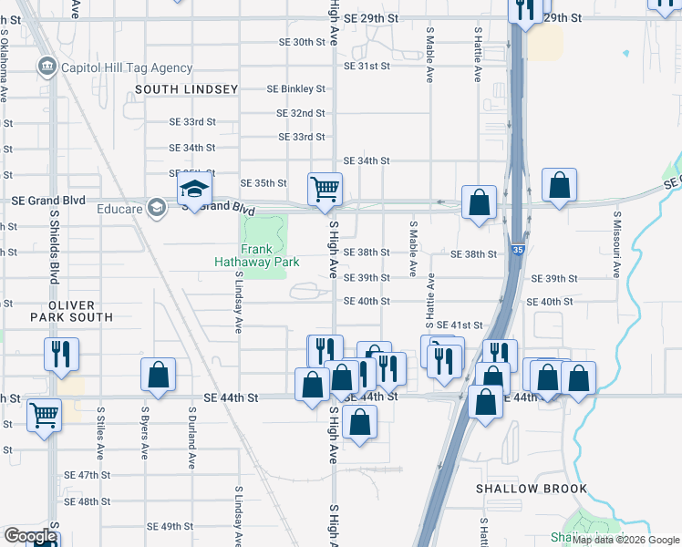 map of restaurants, bars, coffee shops, grocery stores, and more near 1011 Southeast 39th Street in Oklahoma City