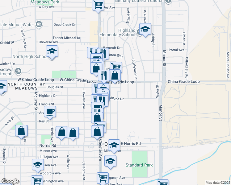 map of restaurants, bars, coffee shops, grocery stores, and more near 2109 Bedford Way in Bakersfield