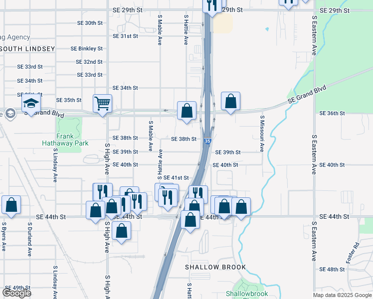map of restaurants, bars, coffee shops, grocery stores, and more near 1401 Southeast 39th Street in Oklahoma City