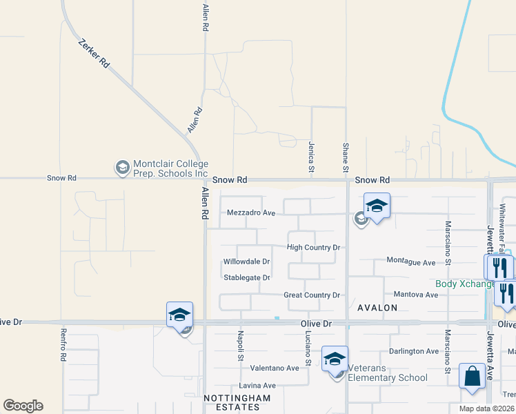 map of restaurants, bars, coffee shops, grocery stores, and more near 12602 Mezzadro Avenue in Bakersfield