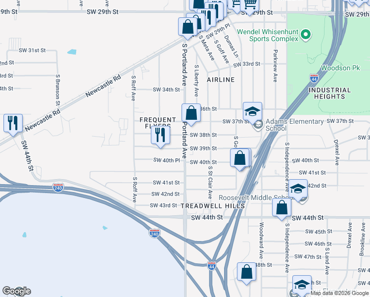 map of restaurants, bars, coffee shops, grocery stores, and more near S Portland Ave & SW 39th St in Oklahoma City