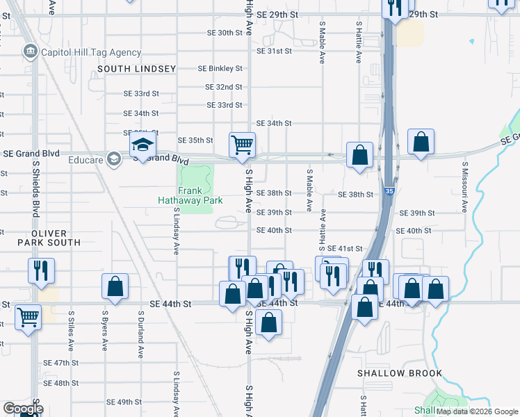 map of restaurants, bars, coffee shops, grocery stores, and more near 1011 Southeast 39th Street in Oklahoma City