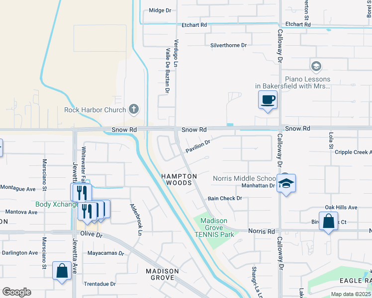 map of restaurants, bars, coffee shops, grocery stores, and more near 7201 Carnegie Court in Bakersfield