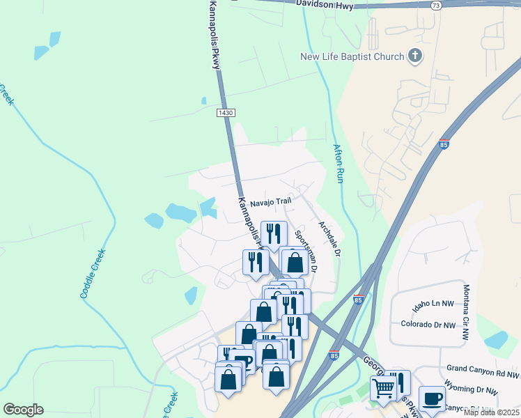 map of restaurants, bars, coffee shops, grocery stores, and more near 5941 Navajo Trail in Concord