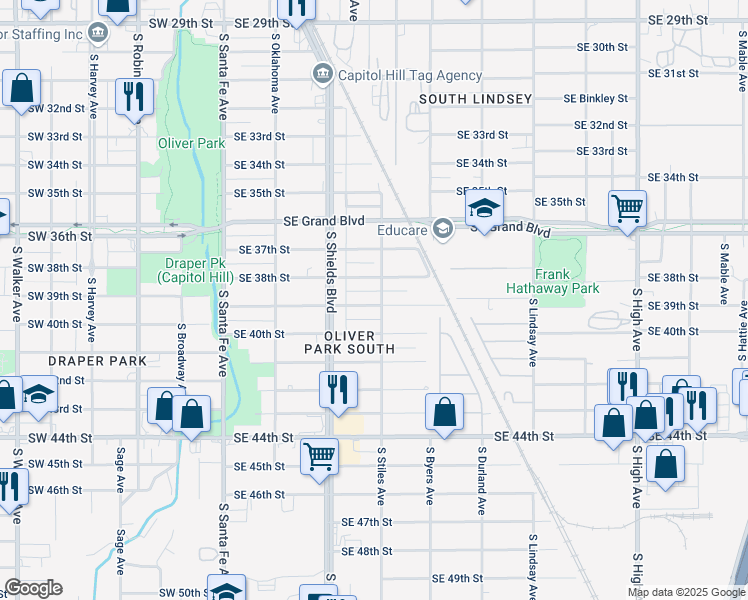 map of restaurants, bars, coffee shops, grocery stores, and more near 237 Southeast 39th Street in Oklahoma City