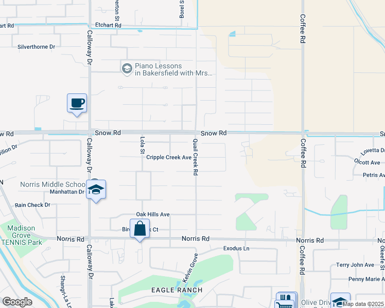 map of restaurants, bars, coffee shops, grocery stores, and more near 8902 Cripple Creek Avenue in Bakersfield