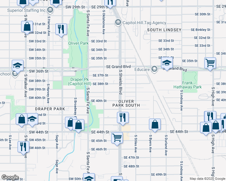 map of restaurants, bars, coffee shops, grocery stores, and more near 129 Southeast 39th Street in Oklahoma City