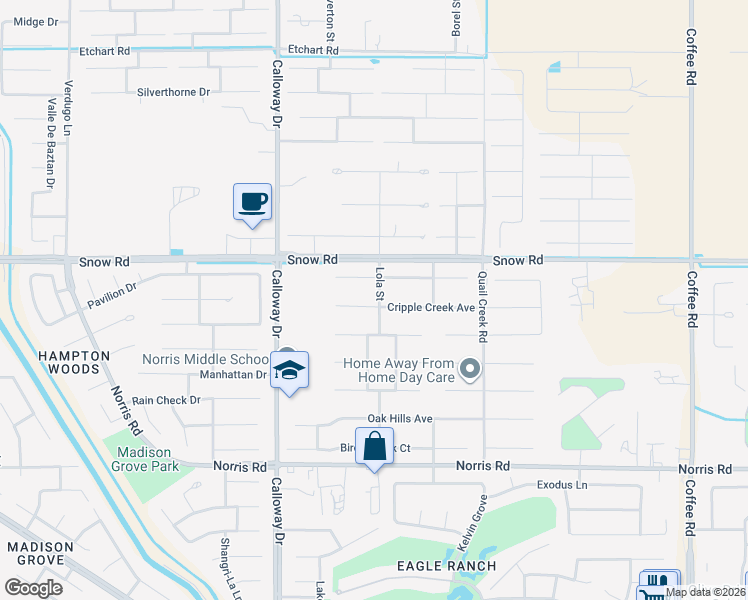 map of restaurants, bars, coffee shops, grocery stores, and more near 9302 Cripple Creek Avenue in Bakersfield