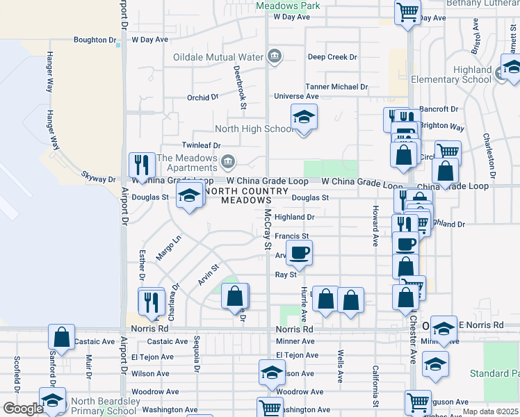 map of restaurants, bars, coffee shops, grocery stores, and more near 517 Douglas Street in Bakersfield