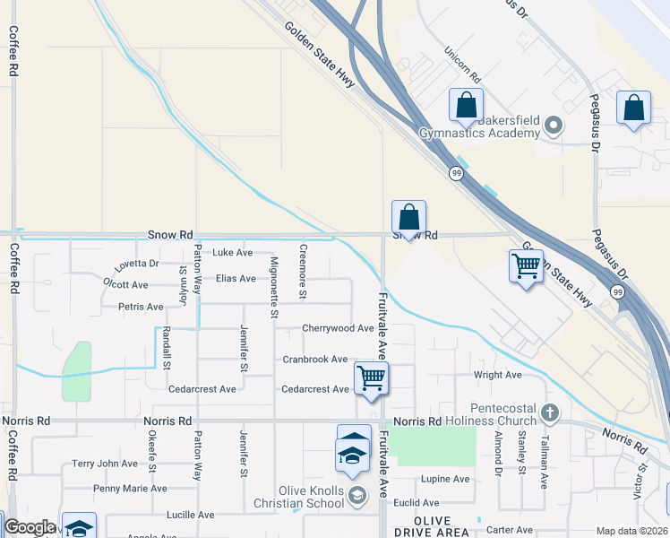 map of restaurants, bars, coffee shops, grocery stores, and more near 6704 Audene Way in Bakersfield