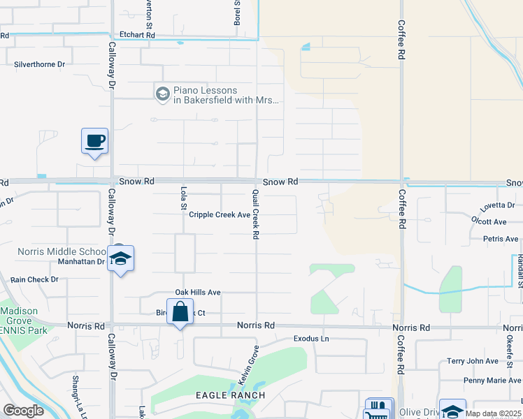 map of restaurants, bars, coffee shops, grocery stores, and more near 8902 Cripple Creek Avenue in Bakersfield