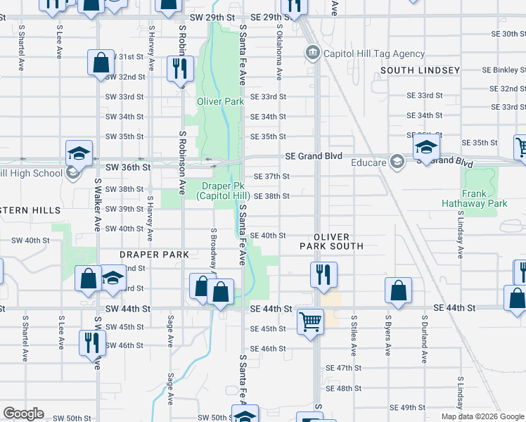 map of restaurants, bars, coffee shops, grocery stores, and more near 9 Southeast 39th Street in Oklahoma City
