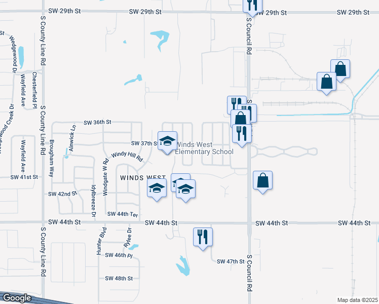 map of restaurants, bars, coffee shops, grocery stores, and more near 3821 Southwind Avenue in Oklahoma City