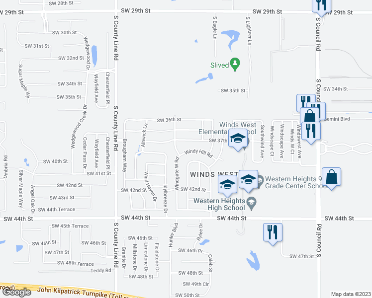map of restaurants, bars, coffee shops, grocery stores, and more near 8525 Windy Hill Road in Oklahoma City