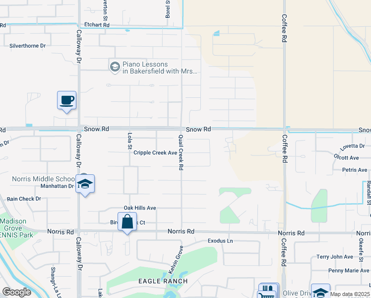 map of restaurants, bars, coffee shops, grocery stores, and more near 8902 Cripple Creek Avenue in Bakersfield