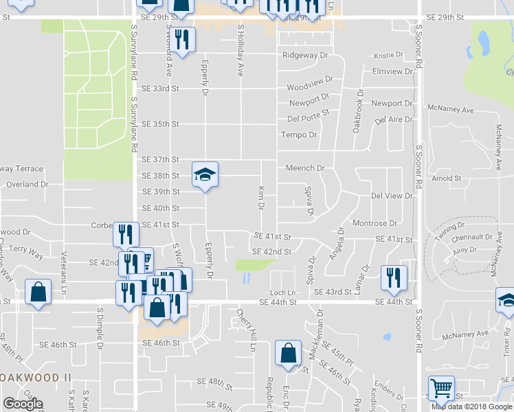 map of restaurants, bars, coffee shops, grocery stores, and more near 4013 Kim Drive in Del City