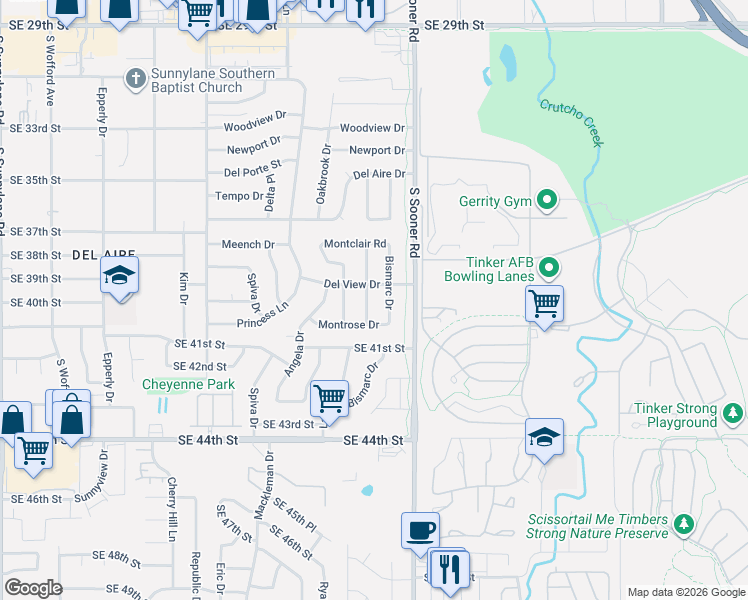 map of restaurants, bars, coffee shops, grocery stores, and more near 4013 Bismarc Drive in Del City