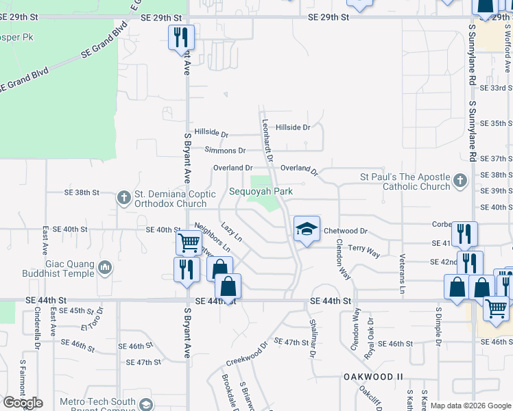 map of restaurants, bars, coffee shops, grocery stores, and more near 3221 Chetwood Drive in Del City