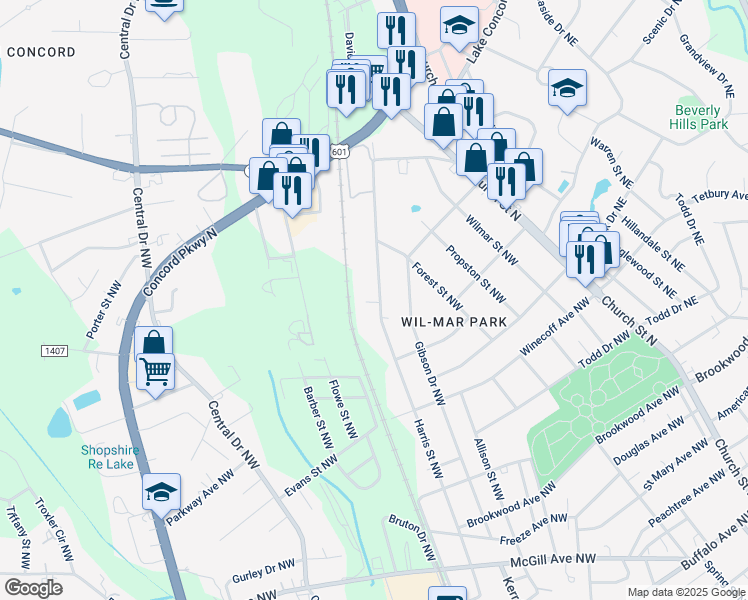 map of restaurants, bars, coffee shops, grocery stores, and more near 733 Harris Street Northwest in Concord