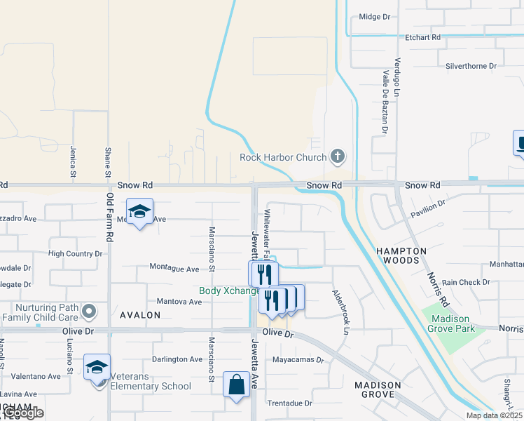 map of restaurants, bars, coffee shops, grocery stores, and more near 7221 Whitewater Falls Drive in Bakersfield